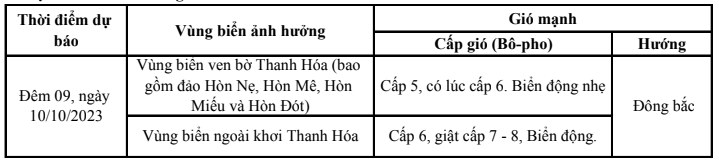 Cảnh báo gió mạnh trên vùng biển khu vực tỉnh Thanh Hóa đêm mùng 9, ngày 10/10/2023 - Ảnh 1.