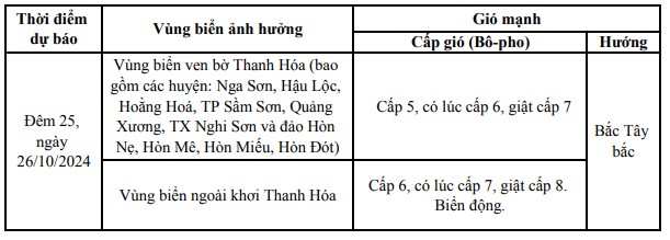 Dự báo gió mạnh trên vùng biển khu vực tỉnh Thanh Hóa (ngày 25/10) - Ảnh 1.