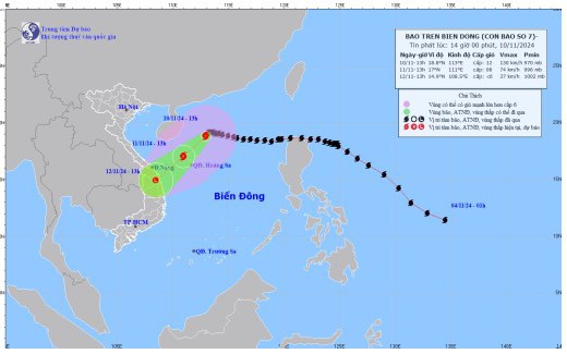 Bão số 07 di chuyển theo hướng Tây Nam, tốc độ khoảng 5km/h