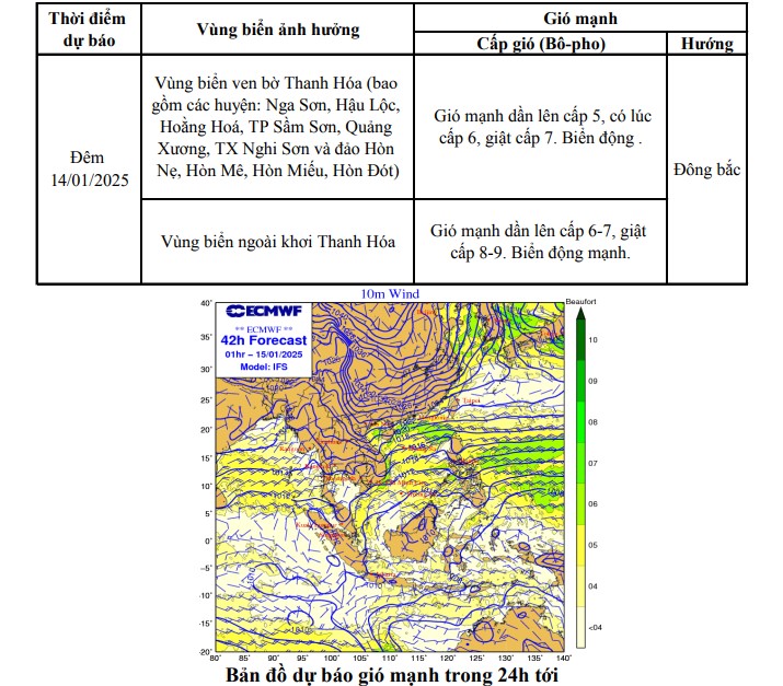 Dự báo gió mạnh trên vùng biển khu vực tỉnh Thanh Hóa (ngày 14/1)- Ảnh 1.