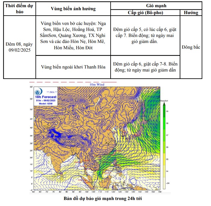 Dự báo gió mạnh trên vùng biển khu vực tỉnh Thanh Hóa (ngày 8/2)- Ảnh 1.