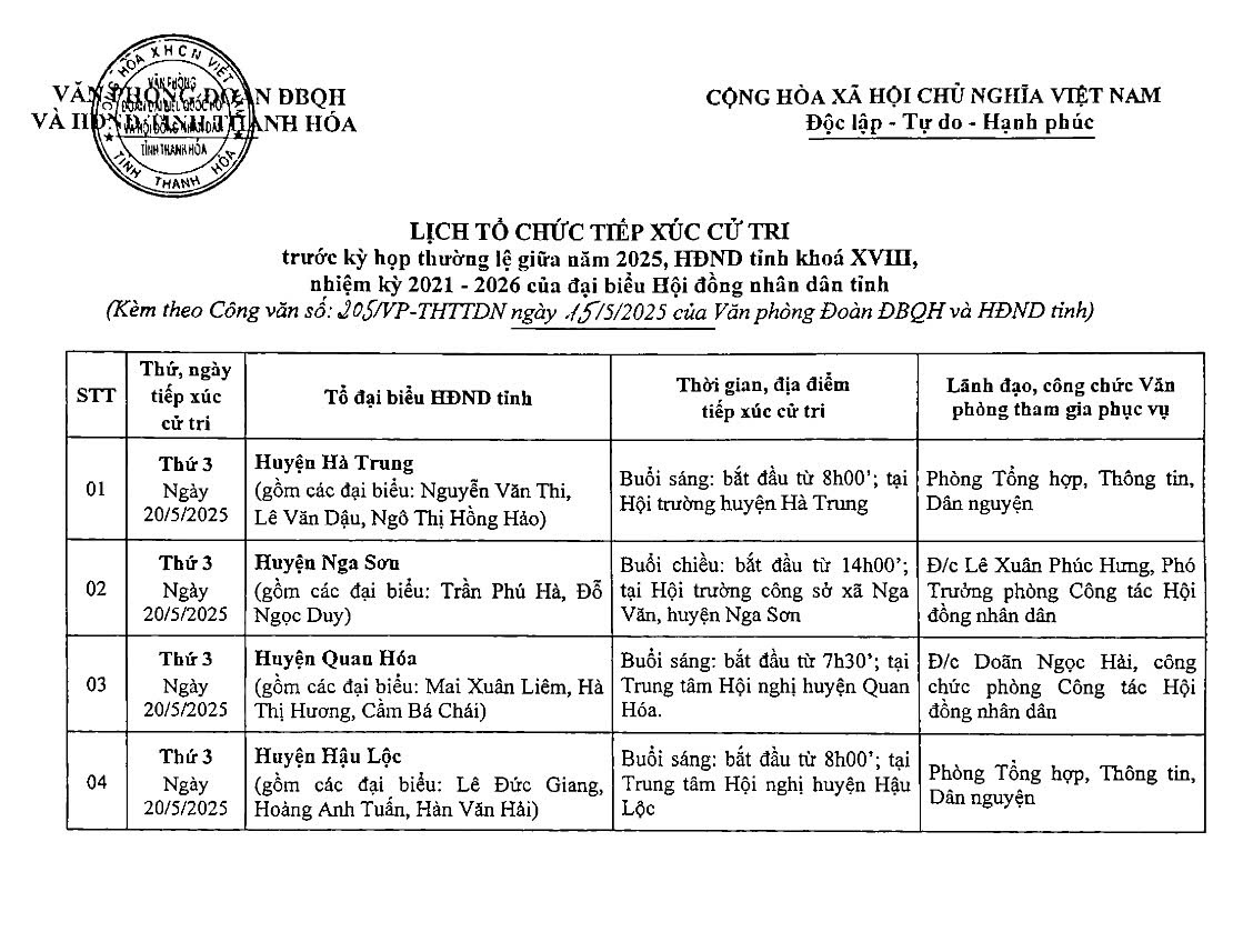 Thông báo lịch tiếp xúc cử tri của đại biểu HĐND tỉnh trước kỳ họp thường lệ giữa năm 2025, HĐND tỉnh khóa XVIII- Ảnh 1.