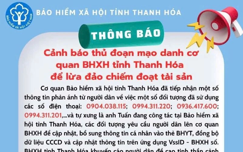Cảnh báo thủ đoạn mạo danh cơ quan BHXH tỉnh Thanh Hóa để lừa đảo