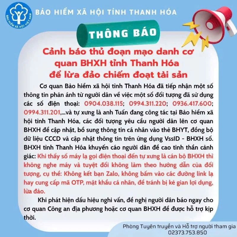 Cảnh báo thủ đoạn mạo danh cơ quan BHXH tỉnh Thanh Hóa để lừa đảo- Ảnh 1. Cảnh báo thủ đoạn mạo danh cơ quan BHXH tỉnh Thanh Hóa để lừa đảo- Ảnh 1.