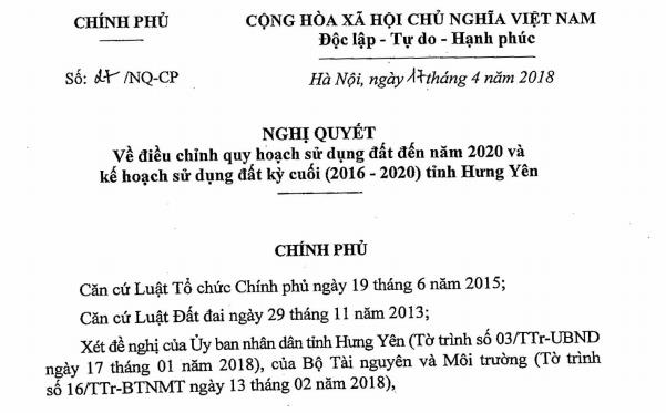 Nghị quyết số 27/NQ-CP điều chỉnh quy hoạch sử dụng đất tỉnh Hưng Yên.