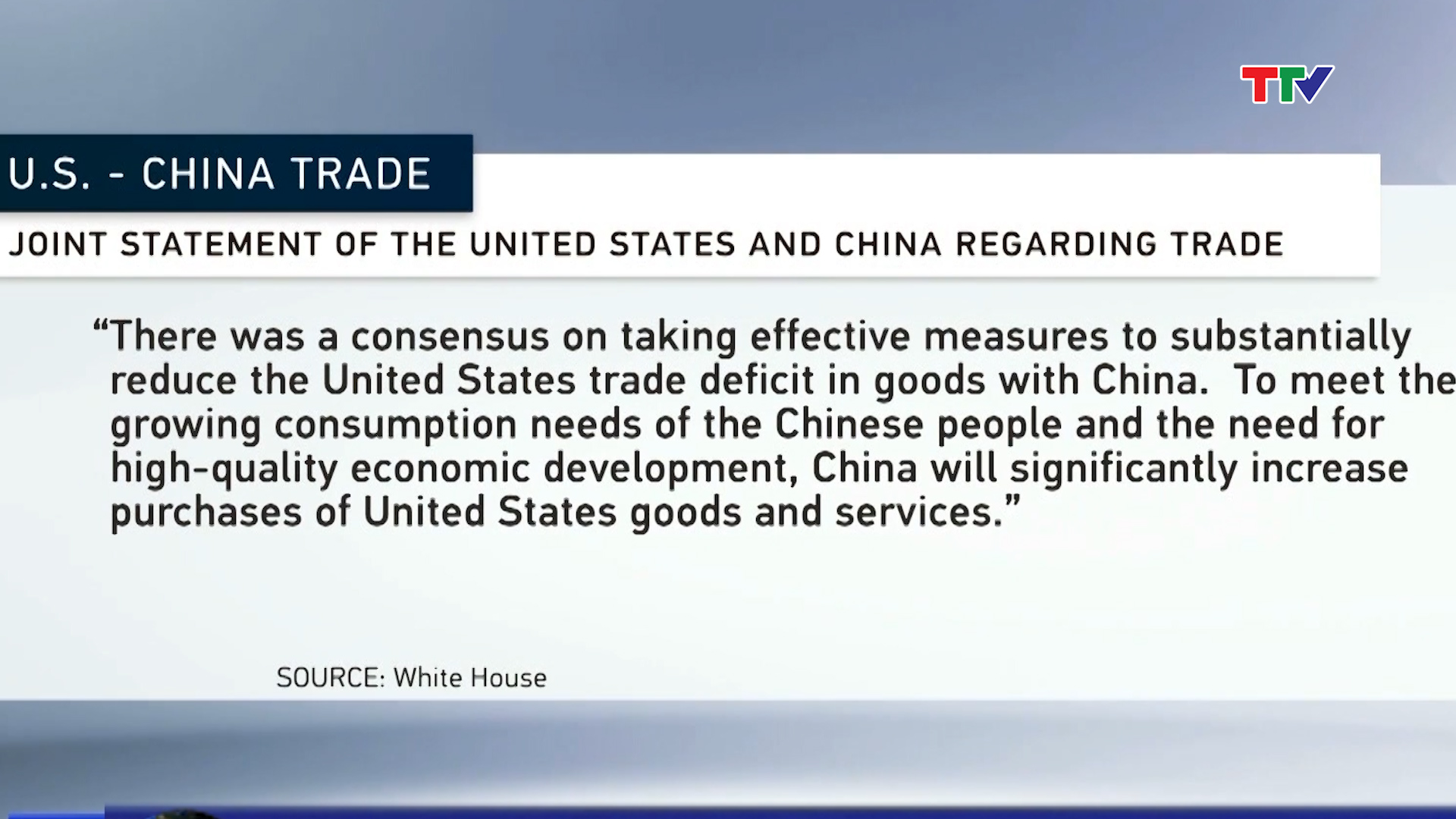 Ngày 19-5, Bắc Kinh và Washington đã ra tuyên bố chung, trong đó hai bên nhất trí rằng Trung Quốc sẽ mua thêm nhiều hàng hóa Mỹ để giảm thâm hụt thương mại.