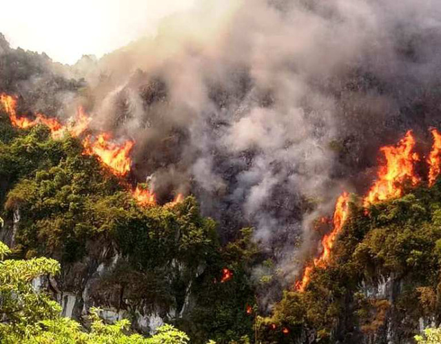 Núi đá nơi xã Khả Phong bị ngọn lửa thiêu rụi khoảng 1ha thảm thực vật tự nhiên