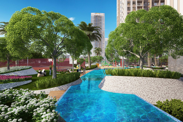 Gem Riverside được thiết kế theo phong cách resort với gần 70% diện tích dự án dành cho cảnh quan, công viên cây xanh và các tiện ích nội khu