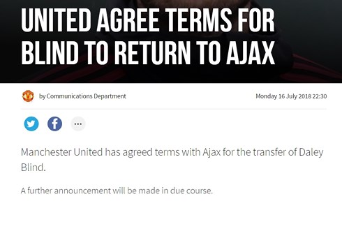 Th&ocirc;ng b&aacute;o chia tay Daley Blind tr&ecirc;n trang chủ MU chỉ d&agrave;i 21 từ.
