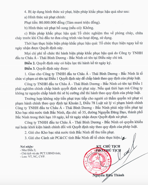 UBND tỉnh Bắc Ninh ban hành quyết định xử phạt Công ty TNHH đầu tư Châu Á - Thái Bình Dương - Bắc Ninh là chủ đầu tư công trình Trung tâm thương mại, khách sạn, văn phòng và căn hộ để bán (Royal Park Bắc Ninh).