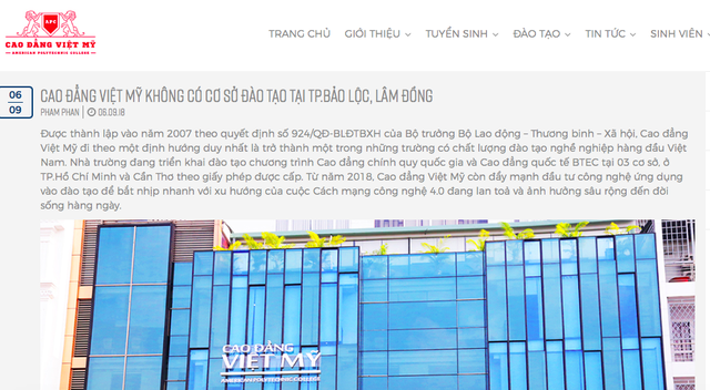 Trường Cao đẳng Việt Mỹ khẳng định không có cơ sở đào tạo ở Bảo Lộc, Lâm Đồng.