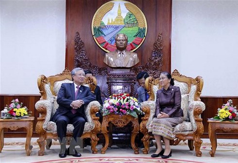 Thường trực Ban Bí thư Trần Quốc Vượng hội kiến Chủ tịch Quốc hội Lào Pany Yathotou. Ảnh: TTXVN