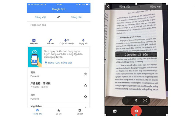 Tính năng dịch tiếng Việt qua ngôn ngữ khác bằng camera smartphone trên ứng dụng Google Dịch. - Ảnh chụp màn hình