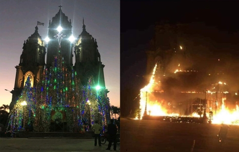 Hình ảnh hang đá nhà thờ trước và trong khi xảy ra đám cháy. (Ảnh: T. Hùng)