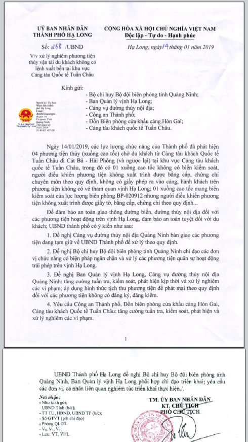 Công văn đề nghị xử lý nghiêm phương tiện thủy vận tải du khách không có lệnh xuất bến tại khu vực Cảng tàu Quốc tế Tuần Châu.