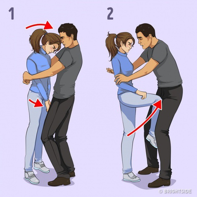Nếu bạn bị túm lấy từ phía trước và bị khóa tay, hãy làm theo những bước sau: kéo bàn tay của bạn về phía trước và nắm tay đặt trước khung xương chậu của bạn. Điều này sẽ tạo ra khoảng trống giữa bạn và kẻ tấn công. Sau đó, dùng trán đập mạnh đánh mũi của kẻ tấn công. Cú này sẽ làm cho kẻ tấn công loạng choạng và rời ra khỏi bạn. Tranh thủ cơ hội này, bạn hãy tấn công vào háng kẻ đó bằng đầu gối của bạn.