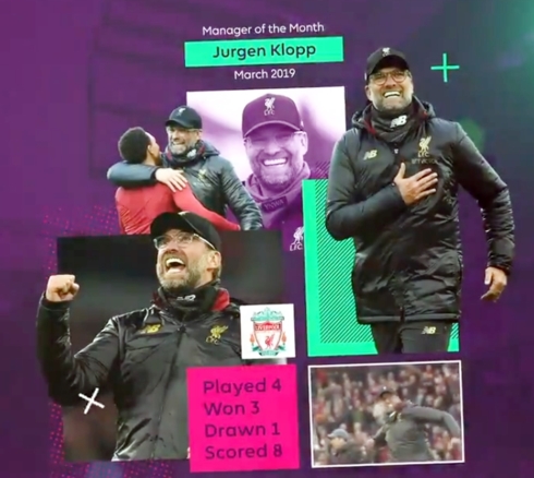HLV Klopp ẵm giải HLV xuất sắc nhất th&aacute;ng 3/2019.