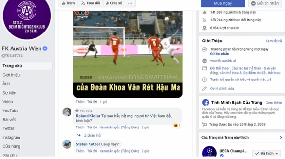 CĐV Việt Nam tấn công fanpage của Austria Wien - Ảnh chụp màn hình