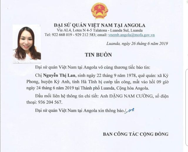 Đại sứ quán Việt Nam tại Angola phát tin buồn về vụ lao động bị sát hại.