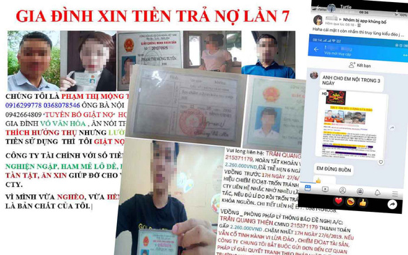Những hình ảnh mà các tổ chức, công ty cho vay đưa lên mạng xã hội nhằm bôi xấu, đe dọa người vay - Ảnh: Bạn đọc cung cấp