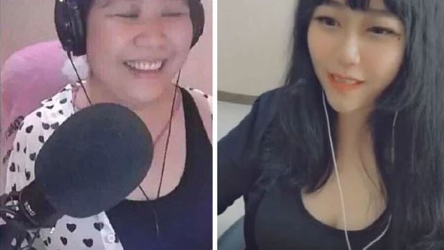 Gương mặt thật của nữ streamer Qiao Biluo (trái) và gương mặt đã được áp dụng các ứng dụng làm đẹp mỗi khi lên hình (phải)
