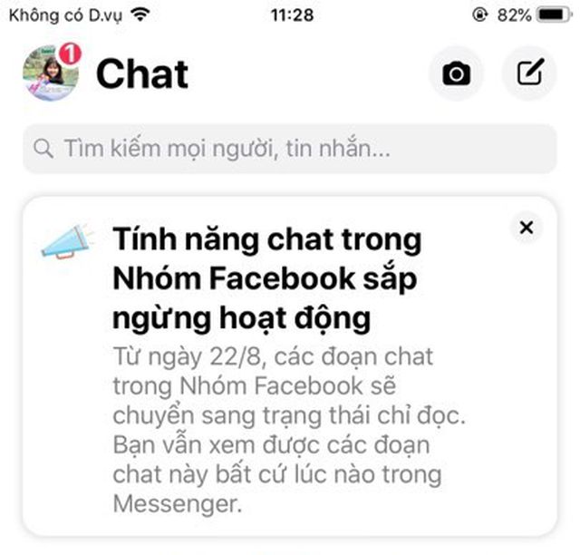 Thông báo trên ứng dụng Facebook Messenger cho thấy tính năng chat nhóm ngưng hoạt động vào ngày 22/8 khiến nhiều người xôn xao