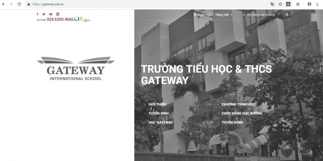 Trang chủ website trường Gateway được đổi từ  &quot;Trường PTLC quốc tế Gateway &quot; sang  &quot;Trường Tiểu học & THCS Gateway &quot;. (Ảnh chụp màn hình)