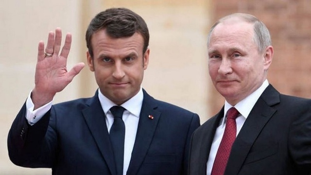 Tổng thống Ph&aacute;p Macron v&agrave; Tổng thống Nga Putin. Ảnh: Kurdistan