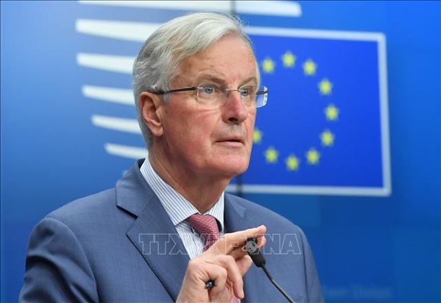 Trưởng đoàn đàm phán Brexit của EU Michel Barnier phát biểu trong cuộc họp báo tại Brussels, Bỉ. Ảnh: AFP/TTXVN