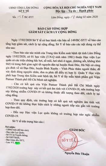 Báo cáo tổng hợp của Sở Y tế tỉnh Lâm Đồng.