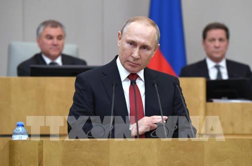 Tổng thống Nga Vladimir Putin tại phiên họp Duma quốc gia Nga ở Moskva, ngày 10/3. Ảnh: AFP/TTXVN