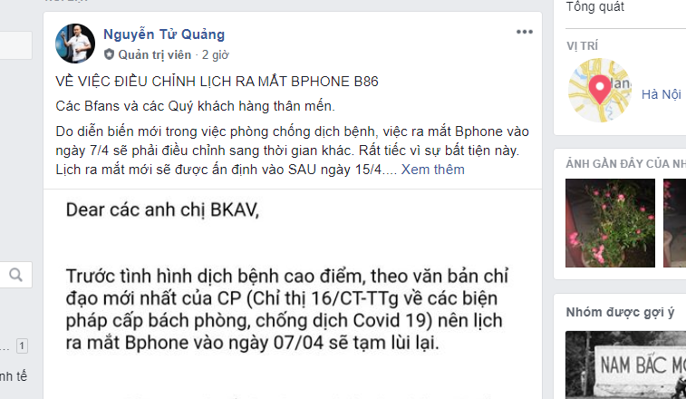 CEO Bkav Nguyễn Tử Quảng chia sẻ việc hoãn ra mắt Bphone mới trên facebook cá nhân. (Ảnh chụp màn hình)