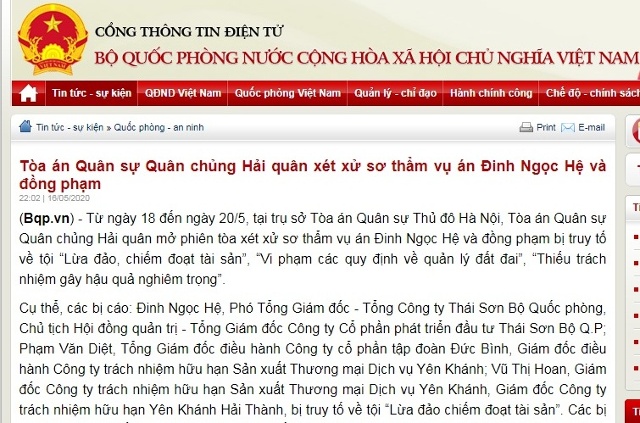 Bộ Quốc phòng thông tin vụ án.