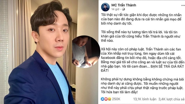 MC Trấn Th&agrave;nh phản ứng trước th&ocirc;ng tin giả mạo b&ocirc;i nhọ danh dự anh.