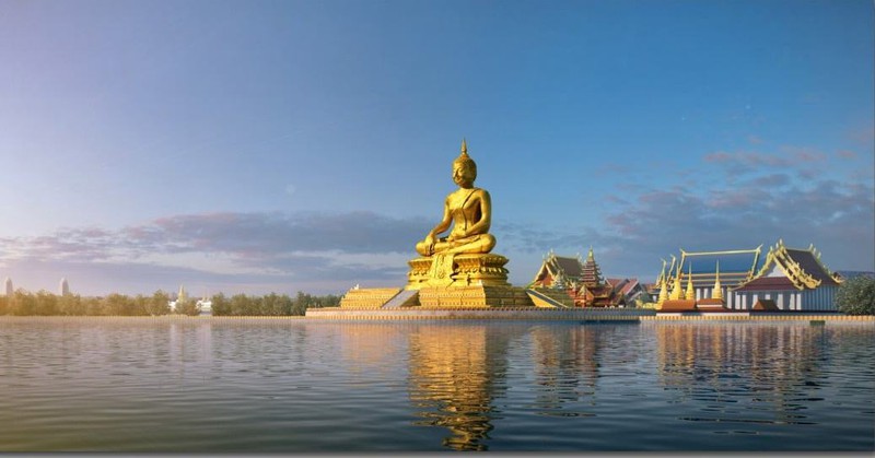 Mô hình tượng Phật cao 100 m sẽ xây dựng tại đầm Thạt Luổng, thủ đô Vientiane. Ảnh: KT