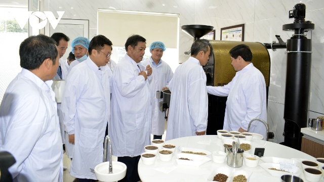 Thứ trưởng Bộ NN&PTNT Lê Quốc Doanh và lãnh đạo UBND tỉnh Gia Lai thăm dây chuyền chế biến cà phê của một doanh nghiệp trong chuỗi liên kết ở tỉnh.