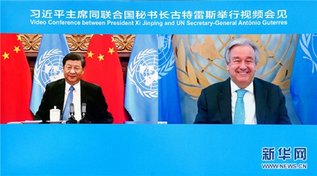 Cuộc gặp trực tuyến giữa lãnh đạo Trung Quốc và người đứng đầu Liên Hợp Quốc. Ảnh: Tân Hoa xã.