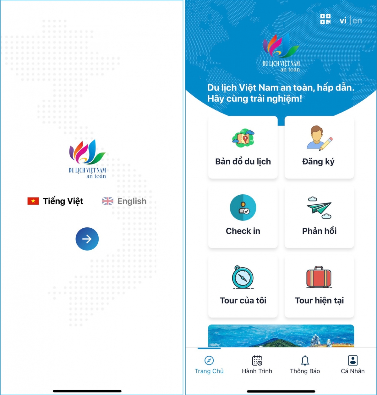 Ứng dụng có hai ngôn ngữ, tiếng Việt và tiếng Anh. Nguồn: Tổng cục Du lịch