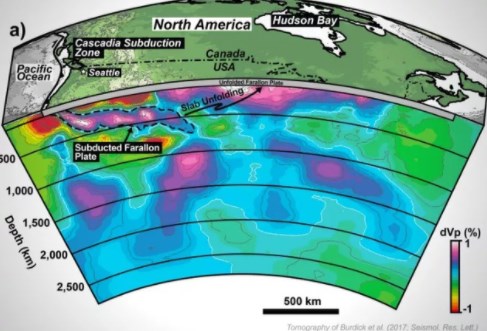 Sơ đồ khối ba chiều cắt lớp khu vực Bắc Mỹ cho thấy mảng kiến tạo Farallon khi được d&agrave;n phẳng để x&aacute;c định vị tr&iacute; của mảng T&aacute;i Sinh đ&atilde; mất. 