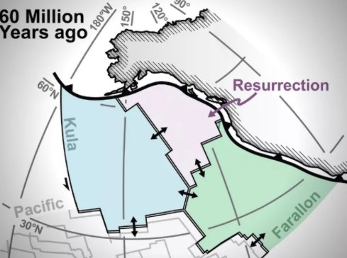 Đ&acirc;y l&agrave; h&igrave;nh ảnh t&aacute;i tạo mảng kiến tạo ph&iacute;a T&acirc;y của Bắc Mỹ c&aacute;ch đ&acirc;y 66 triệu năm, m&ocirc; tả qu&aacute; tr&igrave;nh h&uacute;t ch&igrave;m của ba mảng kiến tạo ch&iacute;nh: Kula, Farallon v&agrave; T&aacute;i Sinh.
