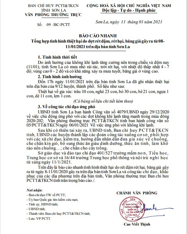 Báo cáo của cơ quan chức năng về đợt rét đậm, rét hại, băng giá ở Sơn La từ 8-11/1/2021.