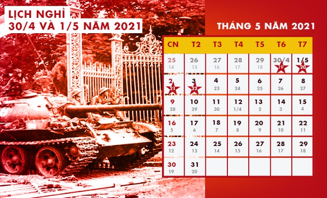 Lịch nghỉ ngày Chiến thắng 30/4 và Quốc tế lao động 1/5 (Đồ họa: Hồng Nguyễn)