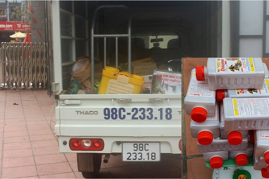 Chiếc xe tải cùng hơn 100 chai thuốc trừ sâu, thuốc bảo vệ thực vật trong danh mục cấm sử dụng tại Việt Nam đã được Công an Quảng Ninh bắt giữ. Ảnh: CAQN