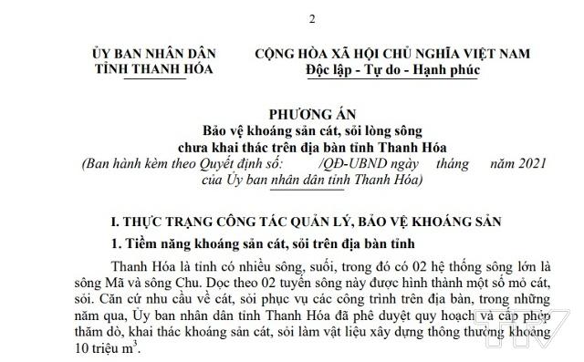Phương án bảo vệ tài nguyên khoáng sản cát, sỏi lòng sông chưa khai thác trên địa bàn tỉnh Thanh Hóa được ban hành kèm theo Quyết định số 1285/QĐ-UBND