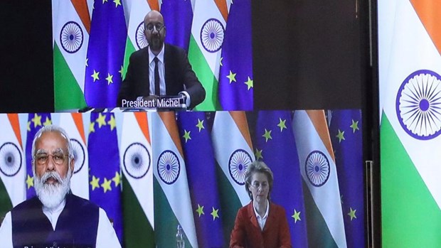 Lãnh đạo EU và Ấn Độ tại hội nghị thượng đỉnh trực tuyến.(Nguồn: Reuters)