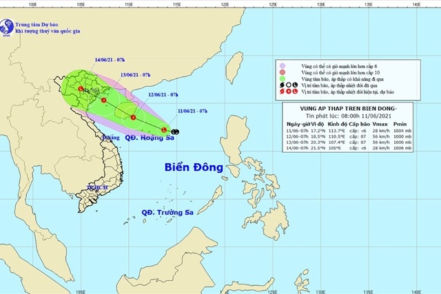 Vị tr&iacute;, hướng đi của &aacute;p thấp tr&ecirc;n biển Đ&ocirc;ng. Nguồn: NCHMF