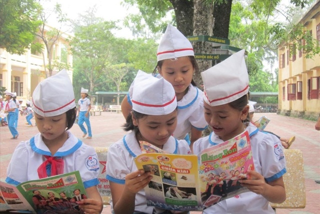 Giờ ra chơi của học sinh lớp 5 - Trường TH Cẩm Bình, Cẩm Xuyên, Hà Tĩnh. (Ảnh chụp trước ngày 27.4.2021). Ảnh: DN