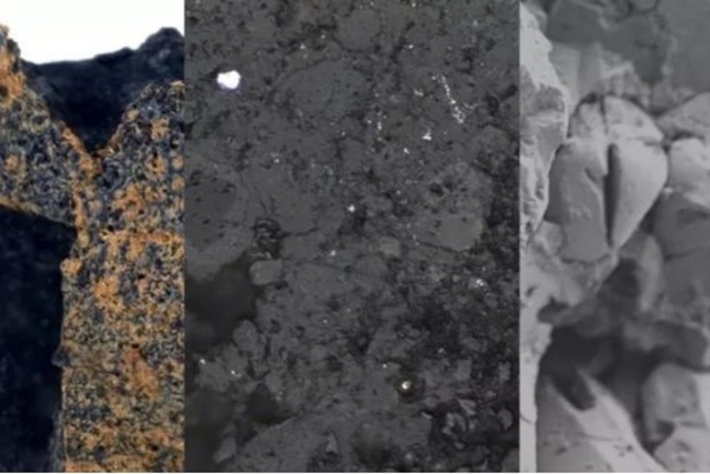 Mảnh thiên thạch 4,6 tỉ năm nhìn bằng mắt thường (trái), bằng kính hiển vi quang học (giữa) và kính hiển vi điện tử (phải). Ảnh: Loughborough University