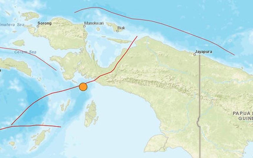 Trận động đất mạnh 5,9 độ richter đã xảy ra ở ngoài khơi tỉnh Papua, cực đông Indonesia ngày 2.8. Ảnh: USGS