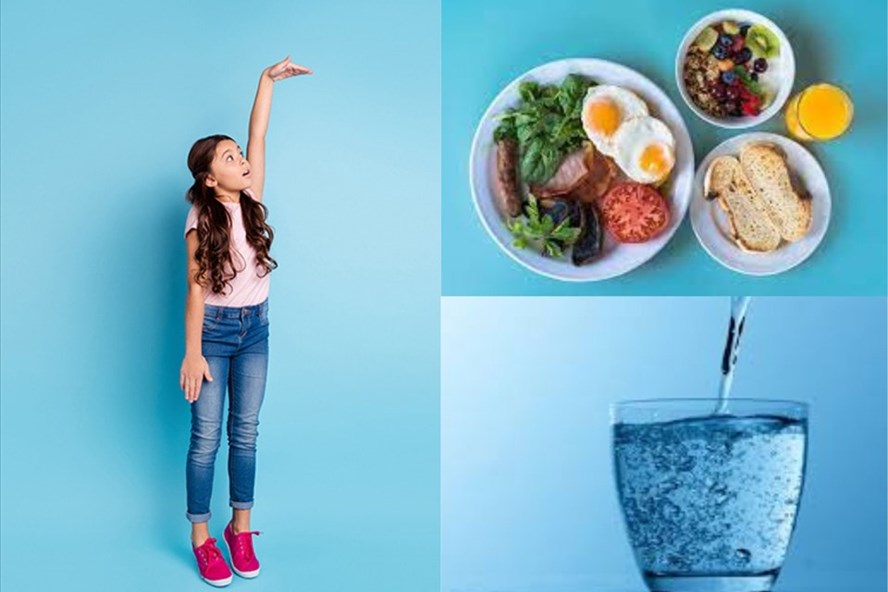Chế độ ăn uống hợp l&yacute; v&agrave; uống đủ nước c&oacute; thể gi&uacute;p tăng chiều cao. Đồ họa: Thanh Ngọc